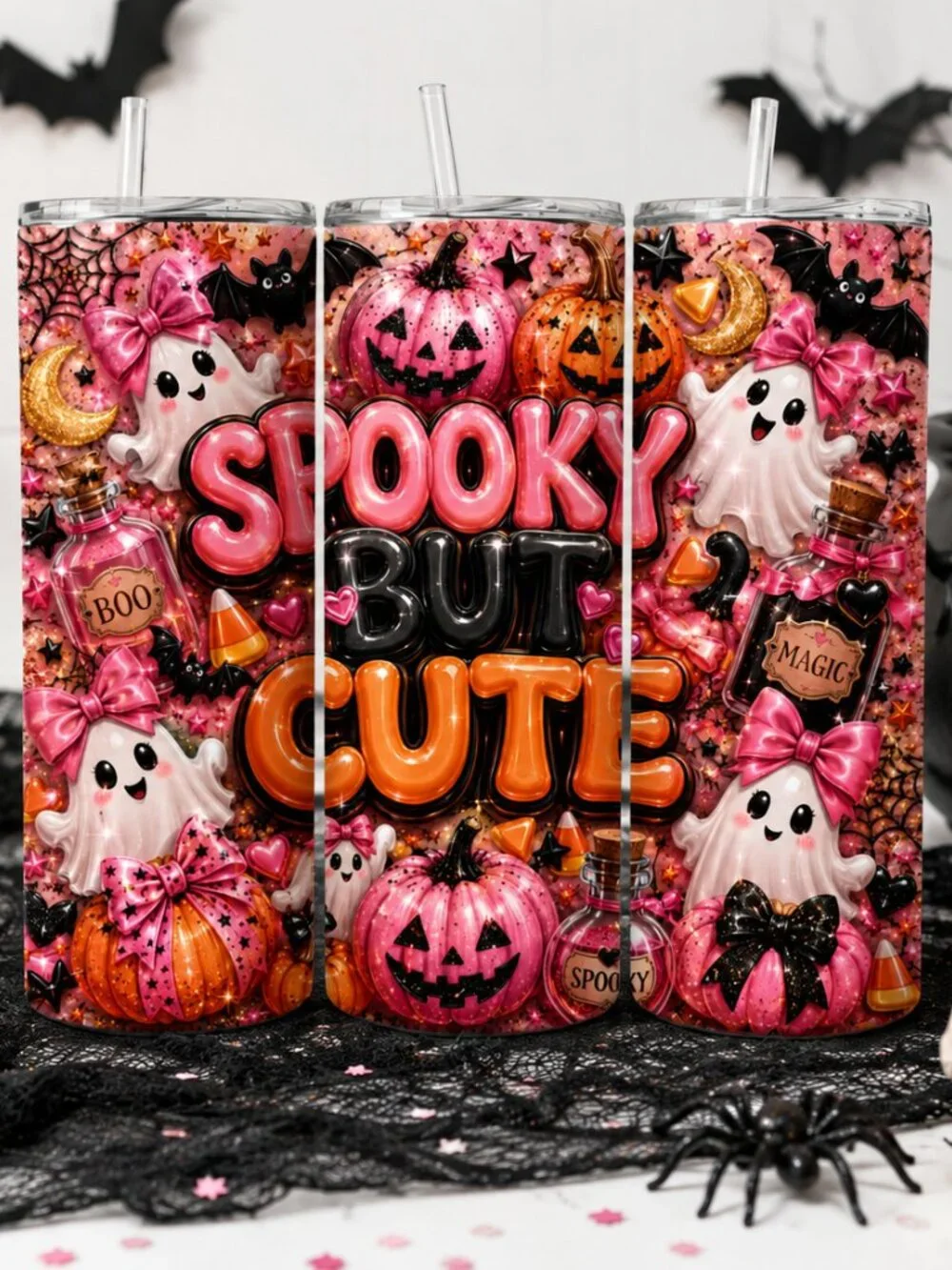 Spooky But Cute Halloween Tumbler, Pink Ghost 20oz Skinny Tumbler